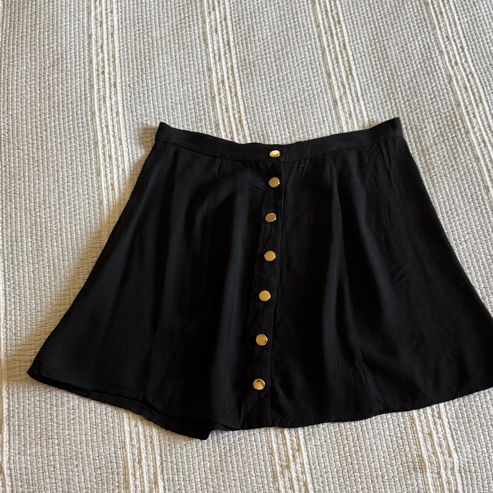 Reformation Black Button-Front Skater Skirt with Gold Buttons